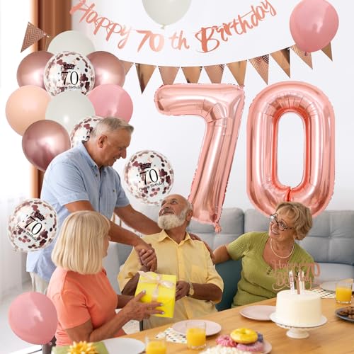 Adorely 70th Birthday Decorations Kit – Retro Pink Rose Gold Banner, Balloons, Cake Topper, and More for Women's Party
