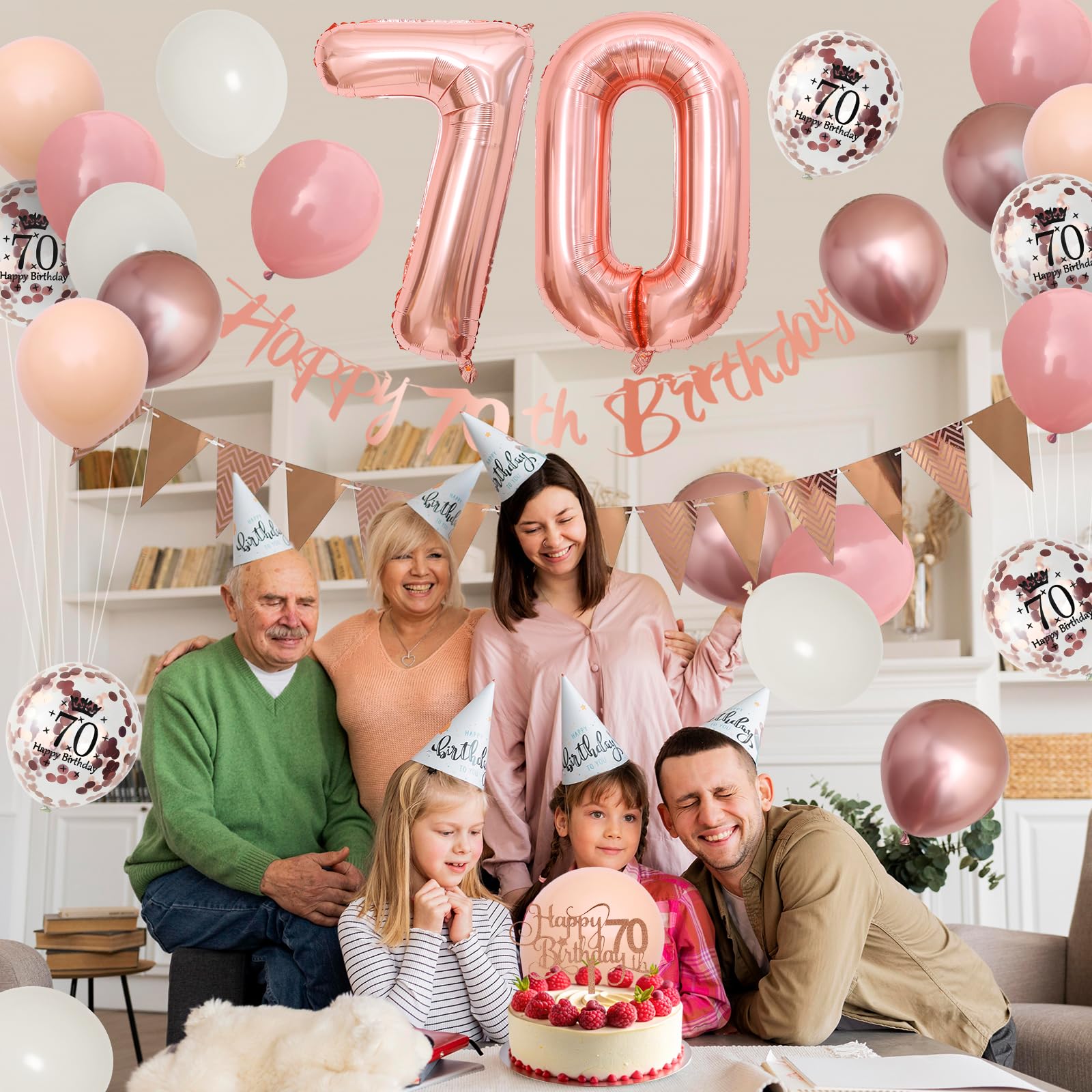 Adorely 70th Birthday Decorations Kit – Retro Pink Rose Gold Banner, Balloons, Cake Topper, and More for Women's Party