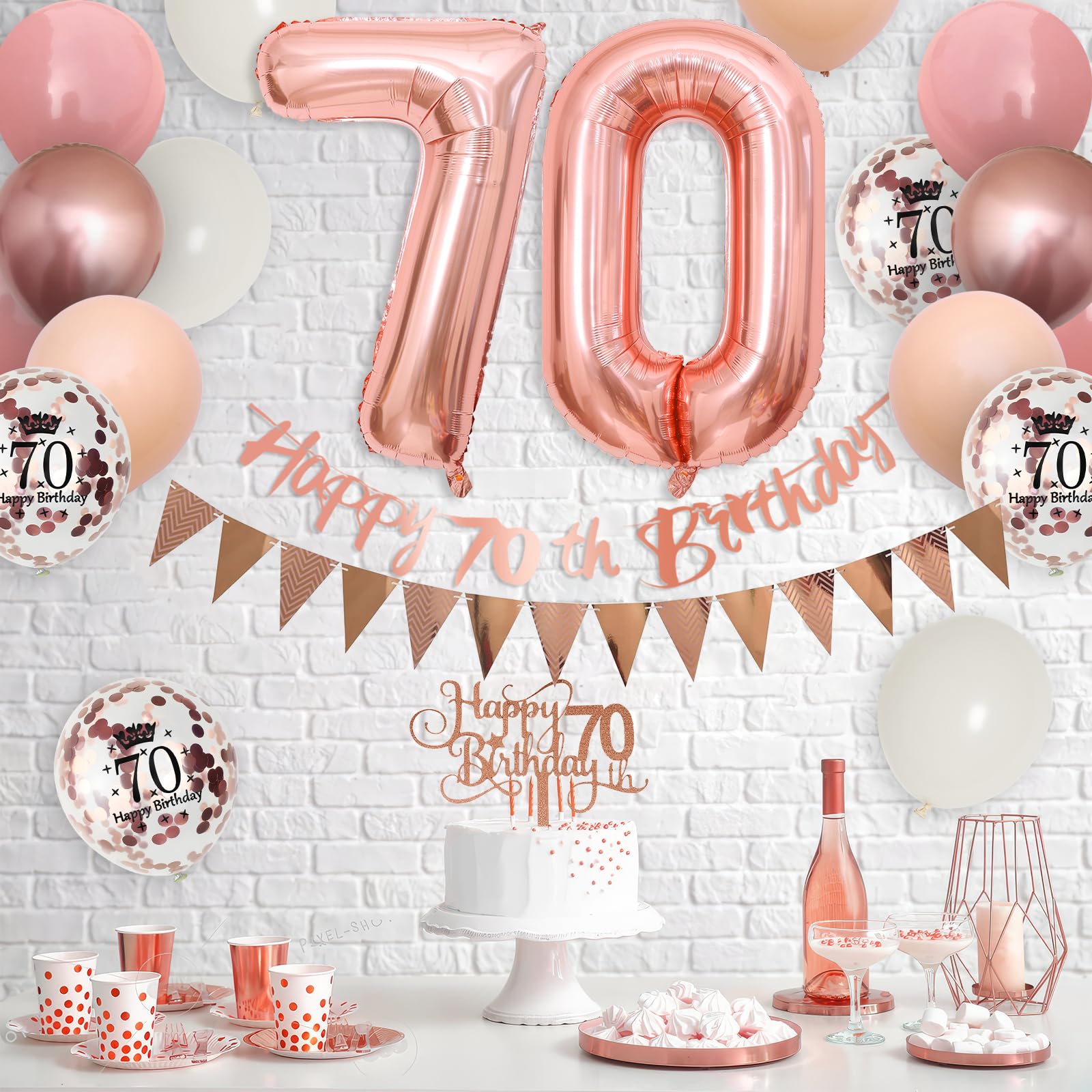 Adorely 70th Birthday Decorations Kit – Retro Pink Rose Gold Banner, Balloons, Cake Topper, and More for Women's Party