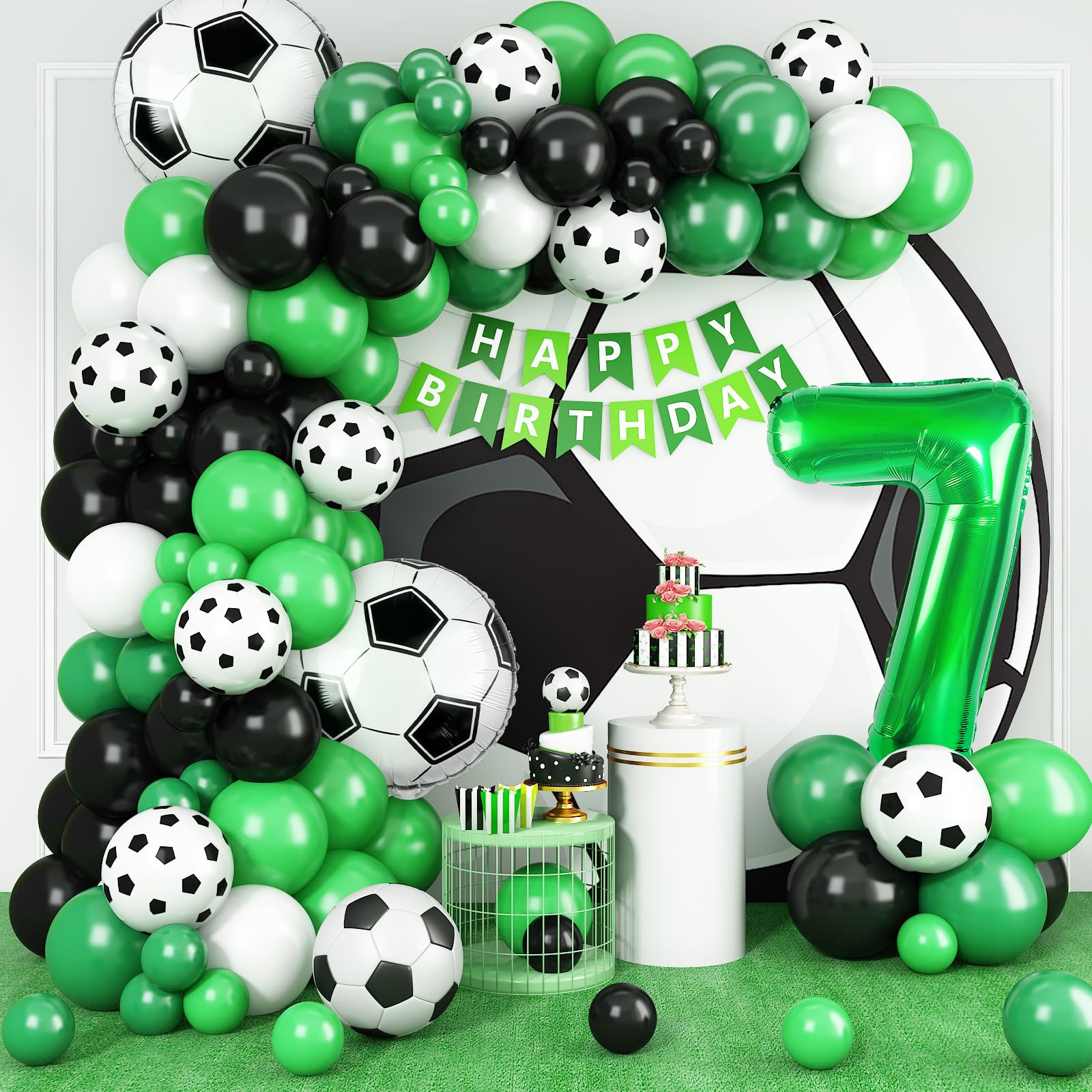 Adorely 7th Birthday Soccer Balloon Arch Kit - Green Black Balloon Garland with Number 7 Foil Balloon for Boys Kids Soccer Party Decorations