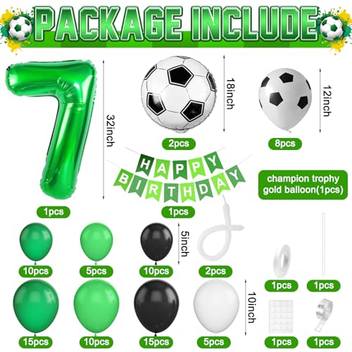 Adorely 7th Birthday Soccer Balloon Arch Kit - Green Black Balloon Garland with Number 7 Foil Balloon for Boys Kids Soccer Party Decorations