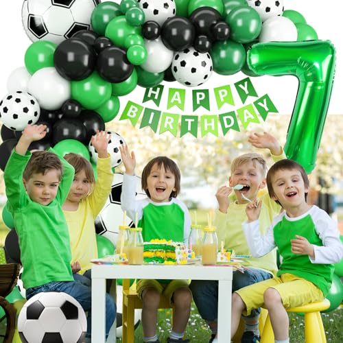 Adorely 7th Birthday Soccer Balloon Arch Kit - Green Black Balloon Garland with Number 7 Foil Balloon for Boys Kids Soccer Party Decorations