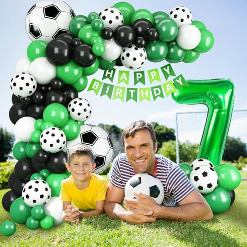 Adorely 7th Birthday Soccer Balloon Arch Kit - Green Black Balloon Garland with Number 7 Foil Balloon for Boys Kids Soccer Party Decorations