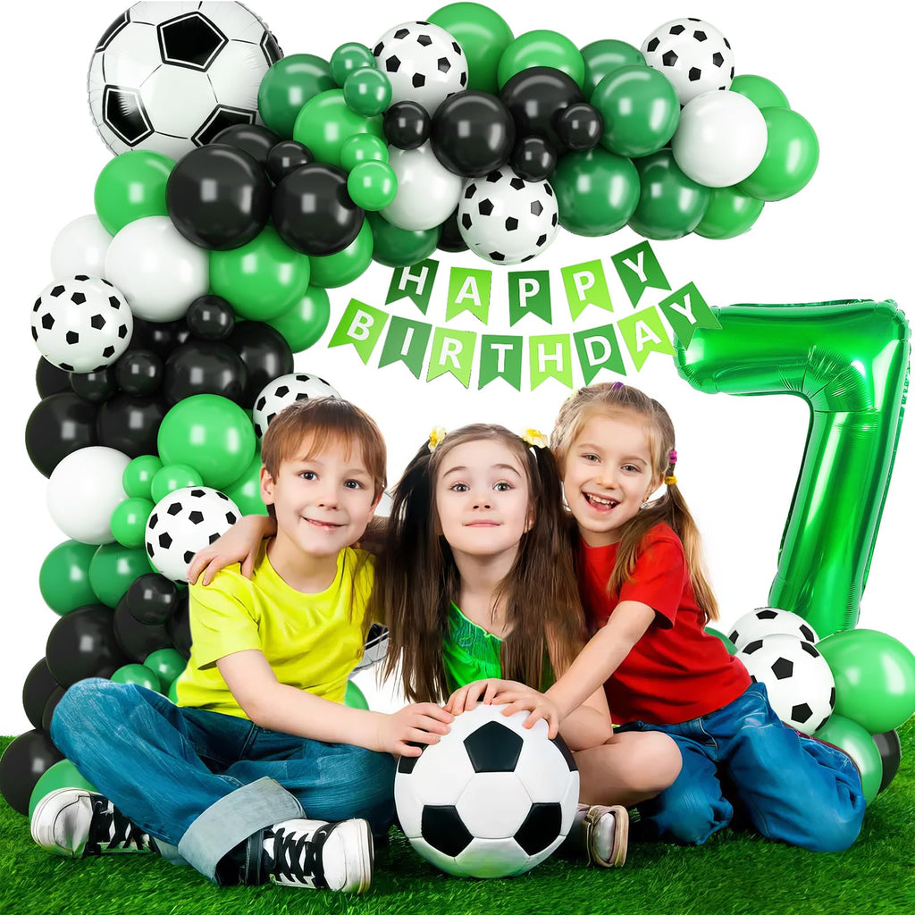 Adorely 7th Birthday Soccer Balloon Arch Kit - Green Black Balloon Garland with Number 7 Foil Balloon for Boys Kids Soccer Party Decorations