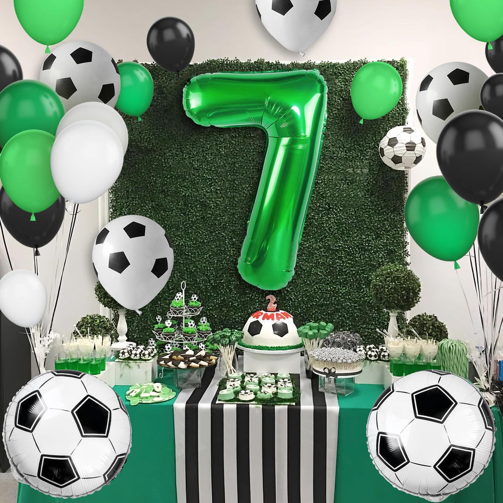 Adorely 7th Birthday Soccer Balloon Arch Kit - Green Black Balloon Garland with Number 7 Foil Balloon for Boys Kids Soccer Party Decorations