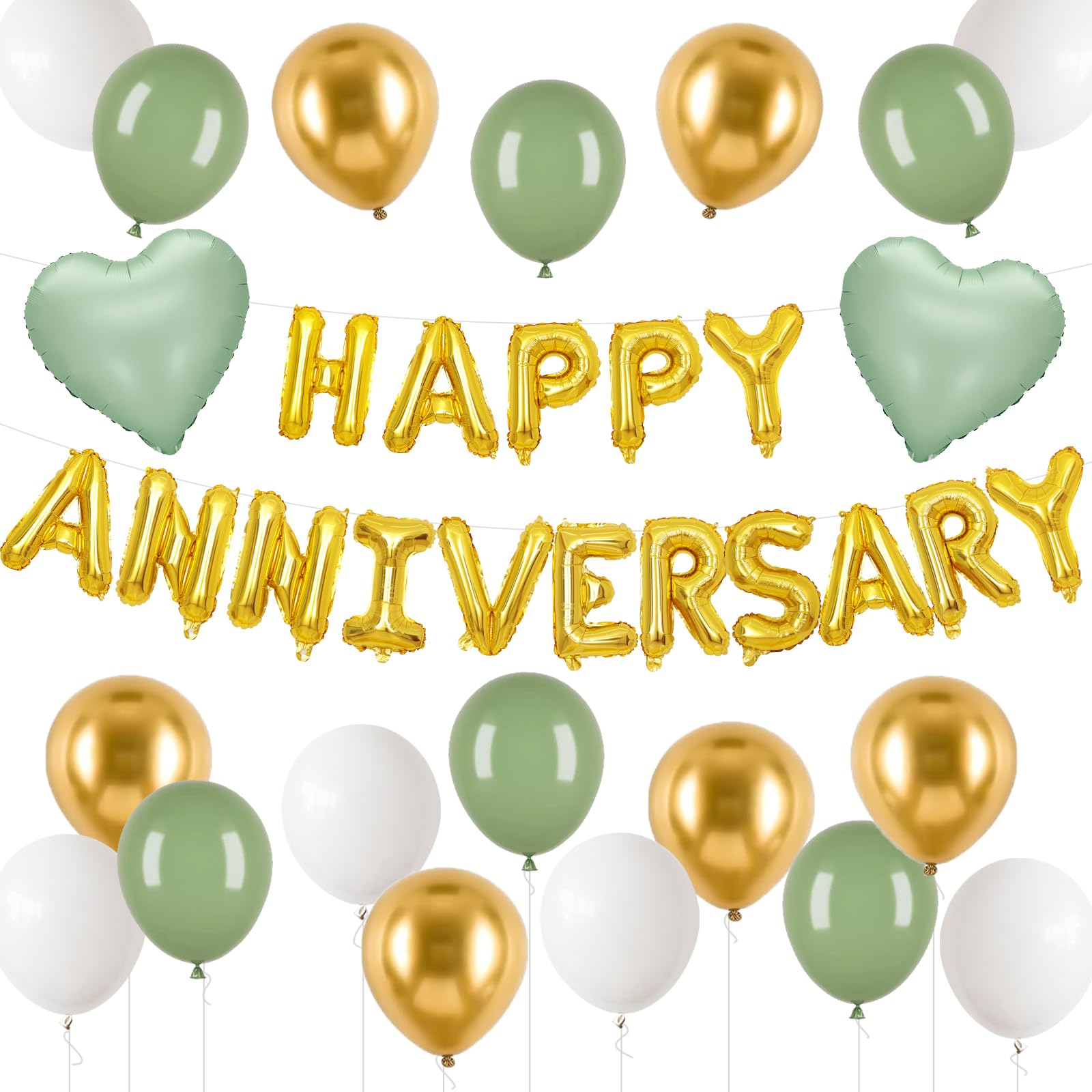 Adorely Anniversary Balloon Set – Green Gold Foil Banner, Heart Balloons & Latex Balloons for Romantic Celebrations