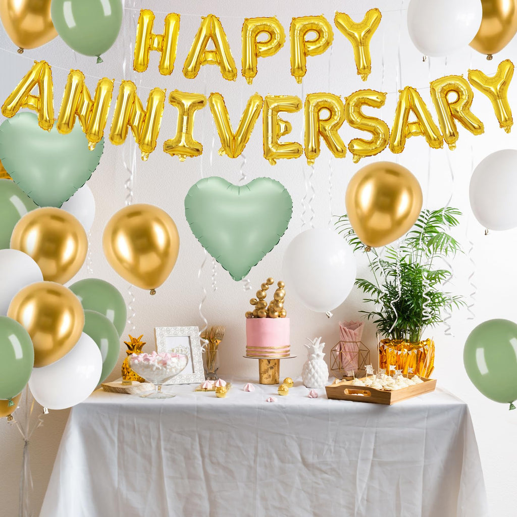Adorely Anniversary Balloon Set – Green Gold Foil Banner, Heart Balloons & Latex Balloons for Romantic Celebrations