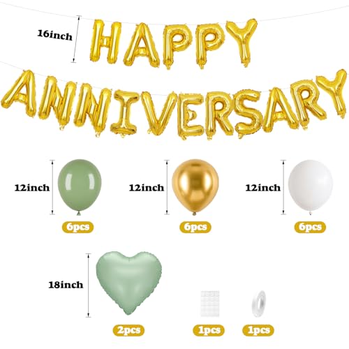 Adorely Anniversary Balloon Set – Green Gold Foil Banner, Heart Balloons & Latex Balloons for Romantic Celebrations