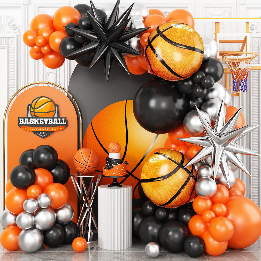 Adorely Basketball Balloon Arch Kit: Black, Orange & Silver Garland with Star & Basketball Foil Balloons for Sport Birthday Party