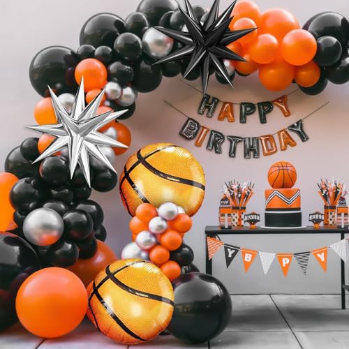 Adorely Basketball Balloon Arch Kit: Black, Orange & Silver Garland with Star & Basketball Foil Balloons for Sport Birthday Party