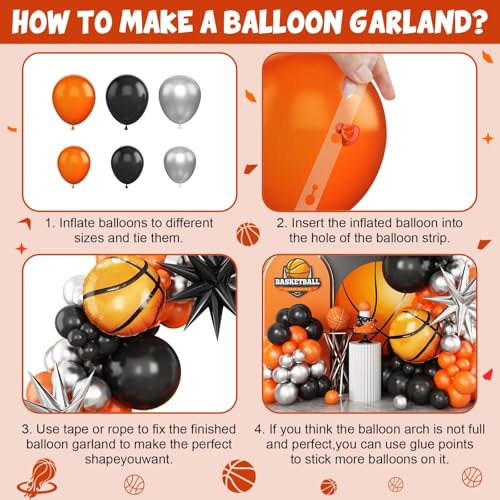 Adorely Basketball Balloon Arch Kit: Black, Orange & Silver Garland with Star & Basketball Foil Balloons for Sport Birthday Party
