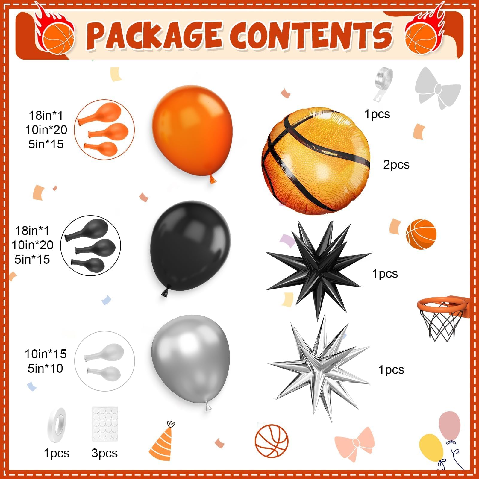 Adorely Basketball Balloon Arch Kit: Black, Orange & Silver Garland with Star & Basketball Foil Balloons for Sport Birthday Party