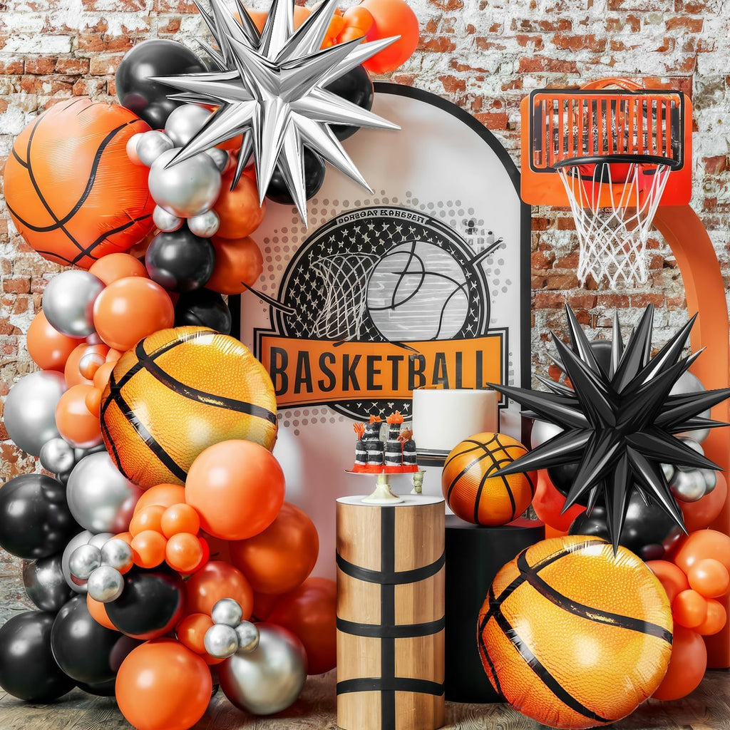 Adorely Basketball Balloon Arch Kit: Black, Orange & Silver Garland with Star & Basketball Foil Balloons for Sport Birthday Party