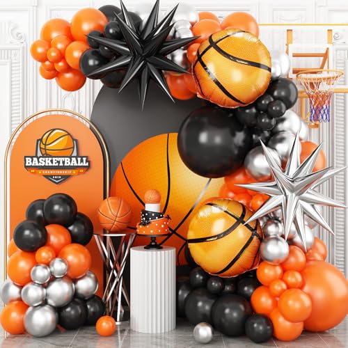 Adorely Basketball Balloon Arch Kit: Black, Orange & Silver Garland with Star & Basketball Foil Balloons for Sport Birthday Party