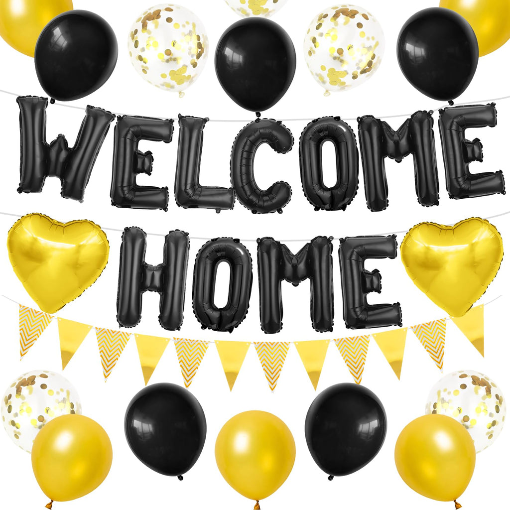Adorely Black Gold Welcome Home Balloon Banner Set with Foil Banner, Heart Balloons & Confetti