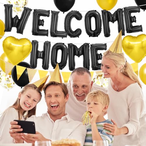 Adorely Black Gold Welcome Home Balloon Banner Set with Foil Banner, Heart Balloons & Confetti