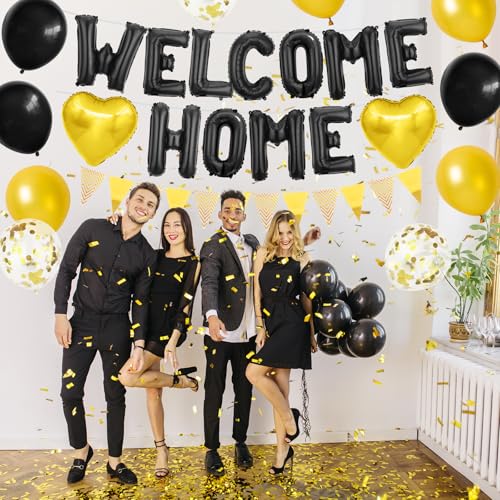 Adorely Black Gold Welcome Home Balloon Banner Set with Foil Banner, Heart Balloons & Confetti