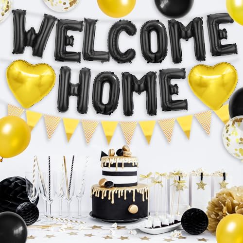 Adorely Black Gold Welcome Home Balloon Banner Set with Foil Banner, Heart Balloons & Confetti