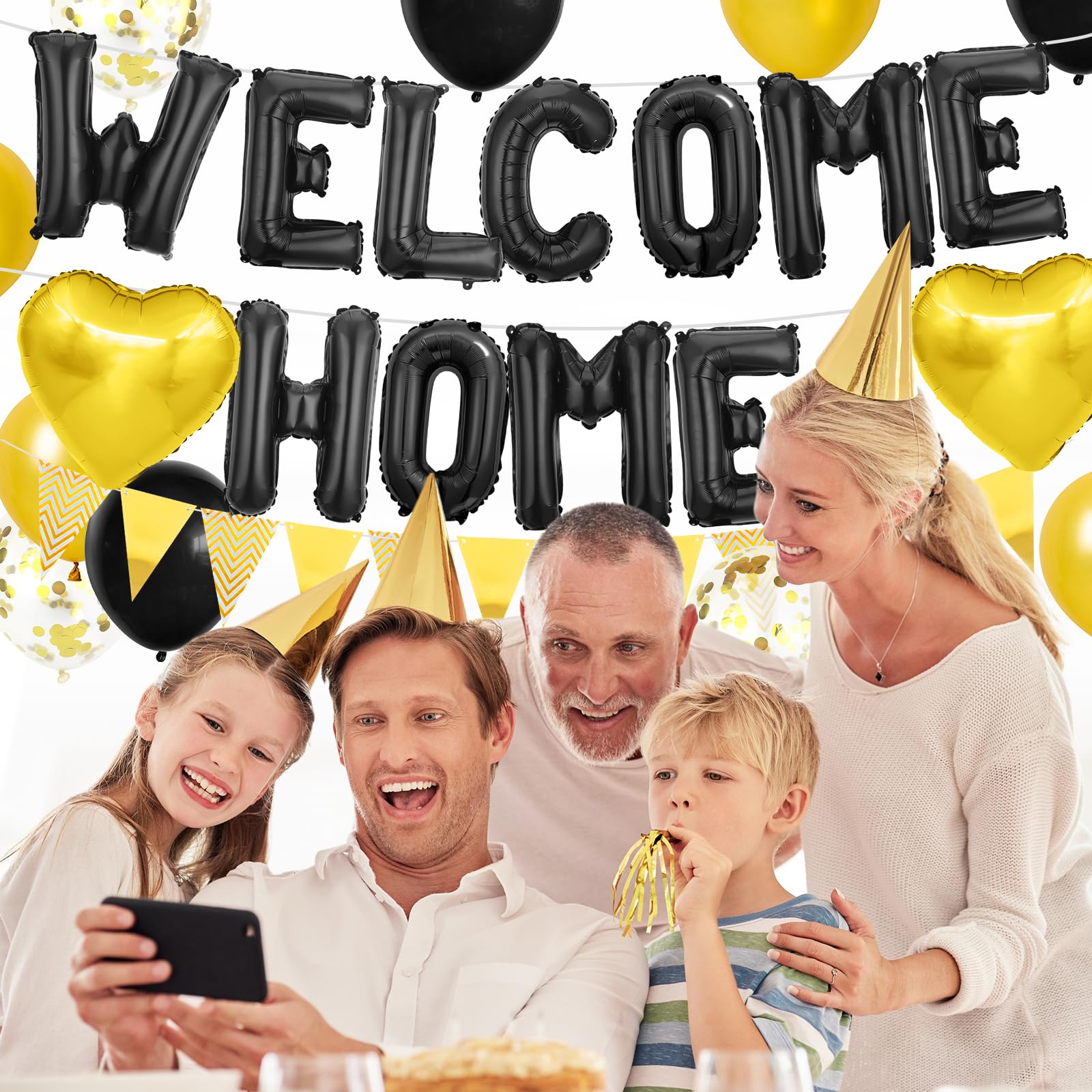 Adorely Black Gold Welcome Home Balloon Banner Set with Foil Banner, Heart Balloons & Confetti