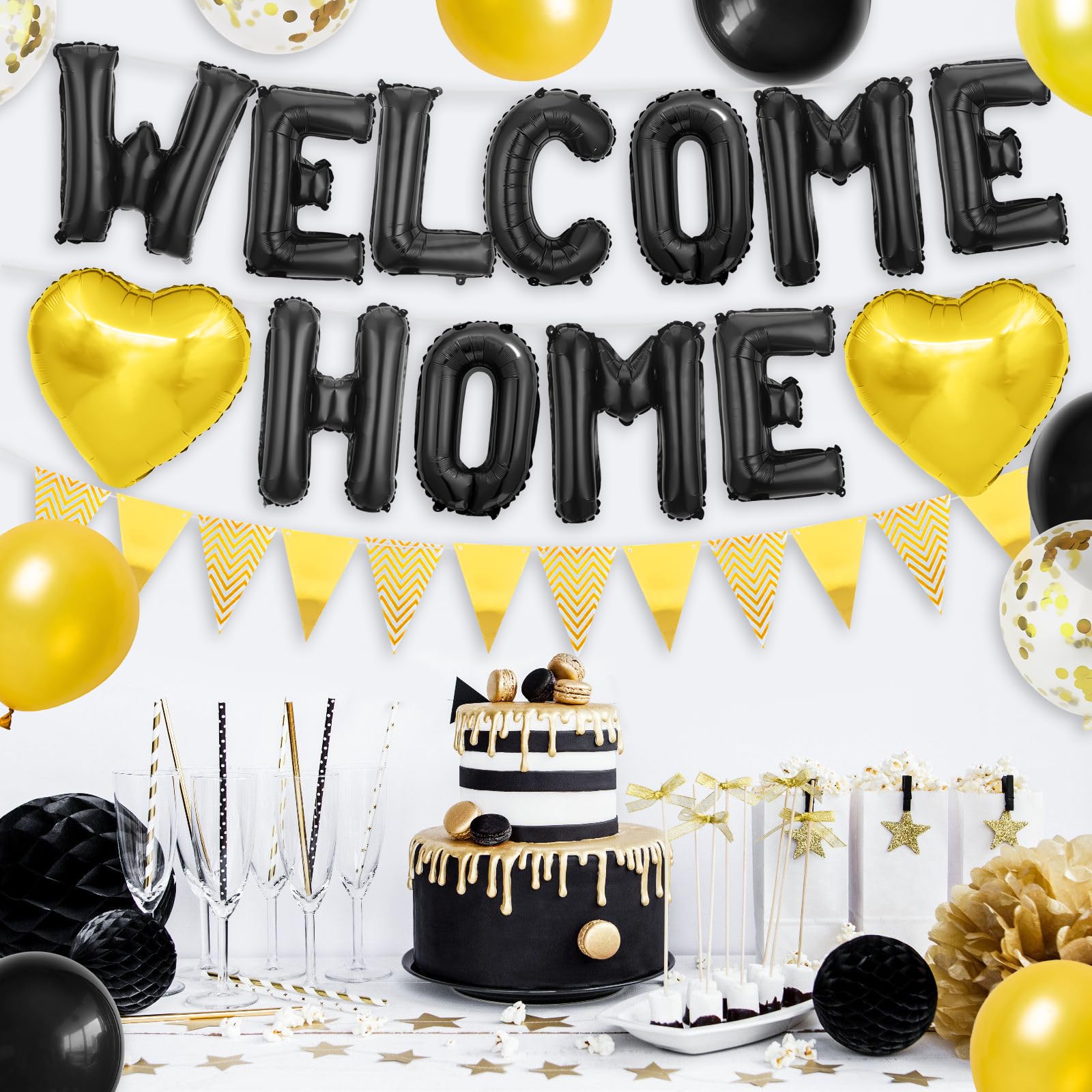 Adorely Black Gold Welcome Home Balloon Banner Set with Foil Banner, Heart Balloons & Confetti