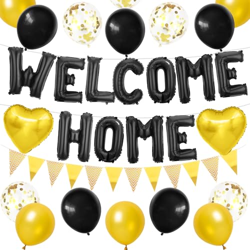 Adorely Black Gold Welcome Home Balloon Banner Set with Foil Banner, Heart Balloons & Confetti