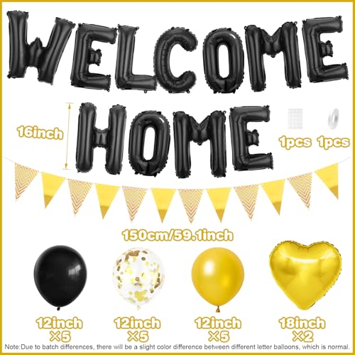 Adorely Black Gold Welcome Home Balloon Banner Set with Foil Banner, Heart Balloons & Confetti