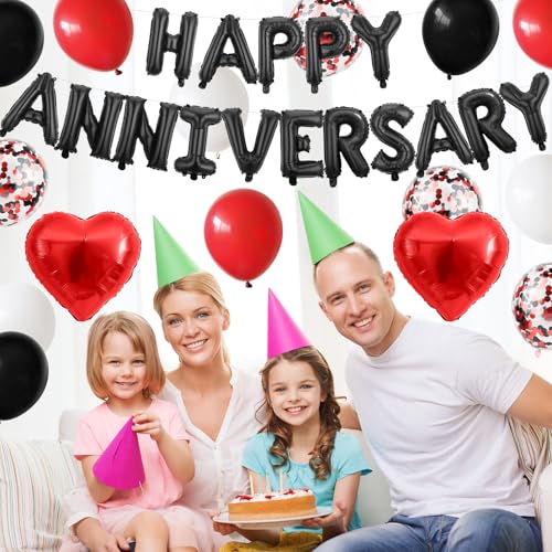 Adorely Black Red Anniversary Balloon Set – 14-Piece Happy Anniversary Foil Banner, Heart Balloons & Confetti Balloons for Romantic Celebrations