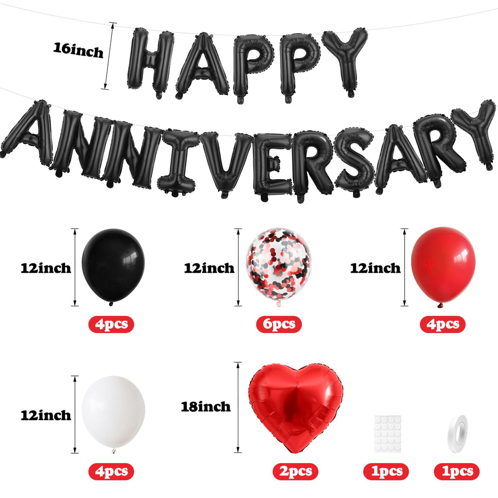 Adorely Black Red Anniversary Balloon Set – 14-Piece Happy Anniversary Foil Banner, Heart Balloons & Confetti Balloons for Romantic Celebrations