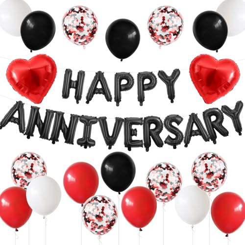 Adorely Black Red Anniversary Balloon Set – 14-Piece Happy Anniversary Foil Banner, Heart Balloons & Confetti Balloons for Romantic Celebrations