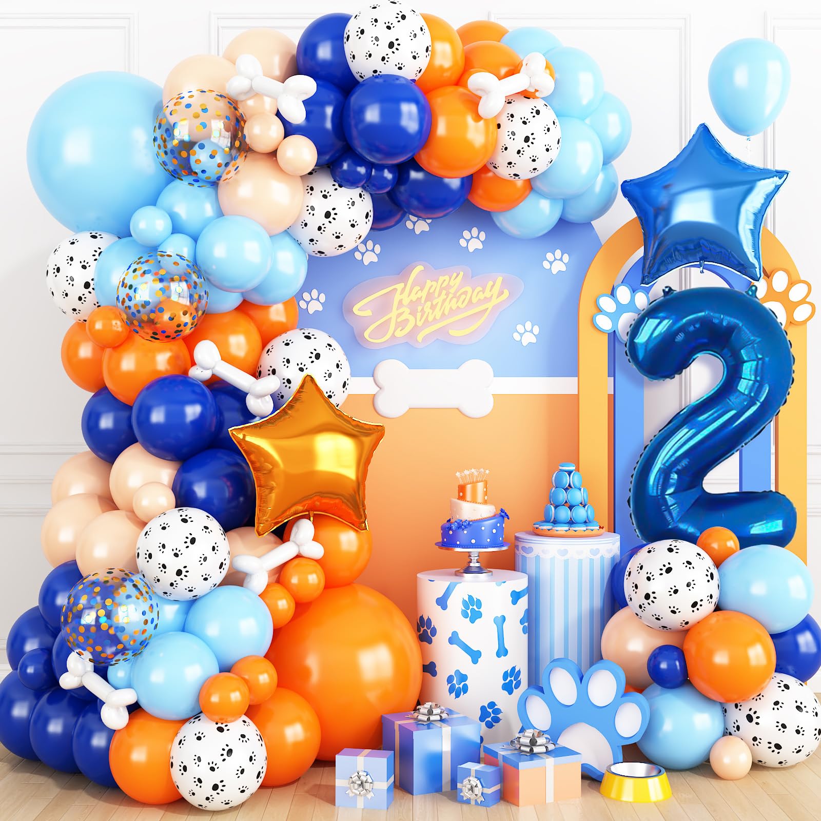Adorely Blue and Orange Dog Paw 2nd Birthday Balloon Arch Kit with Number 2 Foil Balloon (101 Pieces)