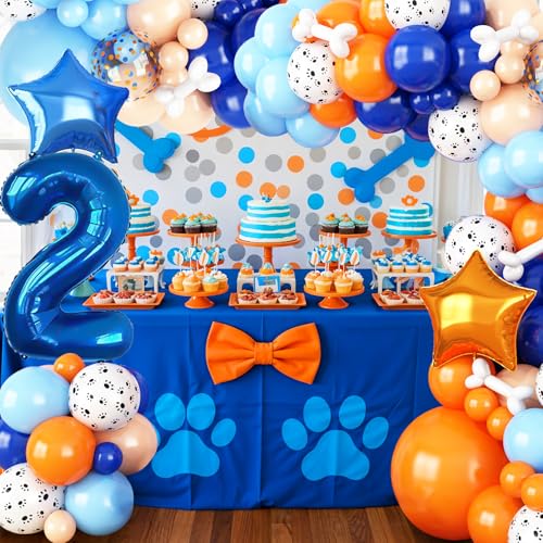 Adorely Blue and Orange Dog Paw 2nd Birthday Balloon Arch Kit with Number 2 Foil Balloon (101 Pieces)