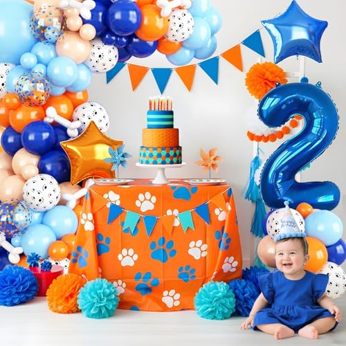 Adorely Blue and Orange Dog Paw 2nd Birthday Balloon Arch Kit with Number 2 Foil Balloon (101 Pieces)