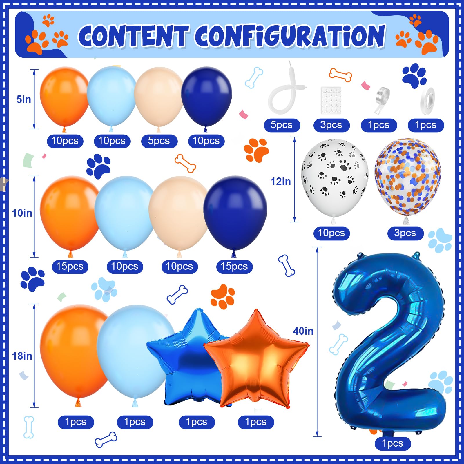 Adorely Blue and Orange Dog Paw 2nd Birthday Balloon Arch Kit with Number 2 Foil Balloon (101 Pieces)