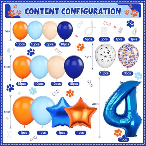 Adorely Blue and Orange Dog Paw 4th Birthday Balloon Arch Garland Kit with Number 4 Foil Balloon