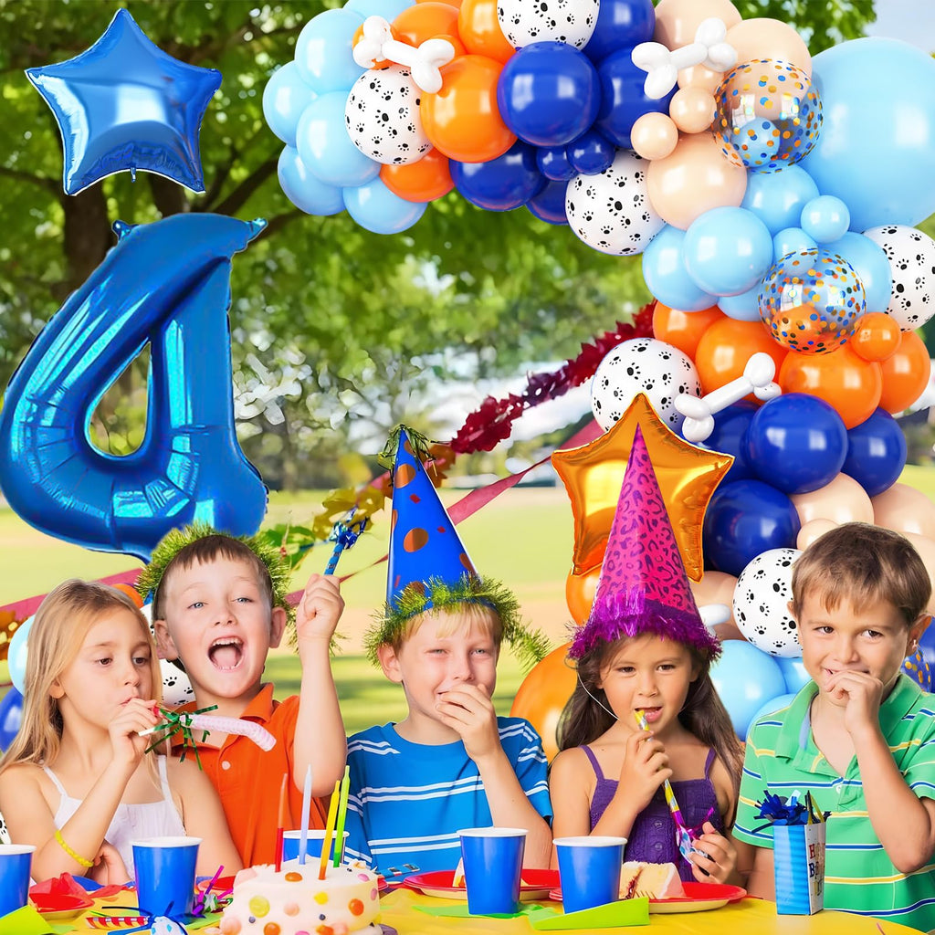 Adorely Blue and Orange Dog Paw 4th Birthday Balloon Arch Garland Kit with Number 4 Foil Balloon