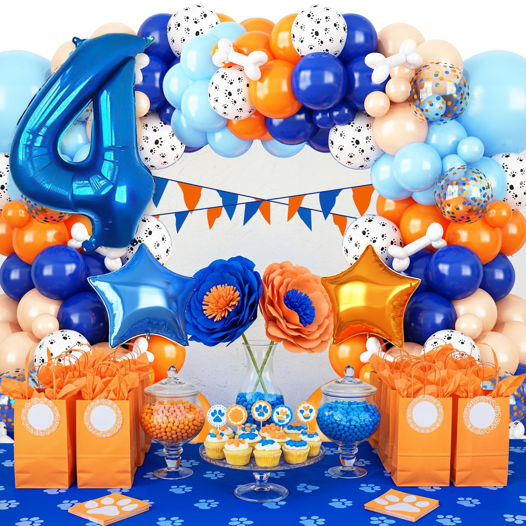 Adorely Blue and Orange Dog Paw 4th Birthday Balloon Arch Garland Kit with Number 4 Foil Balloon