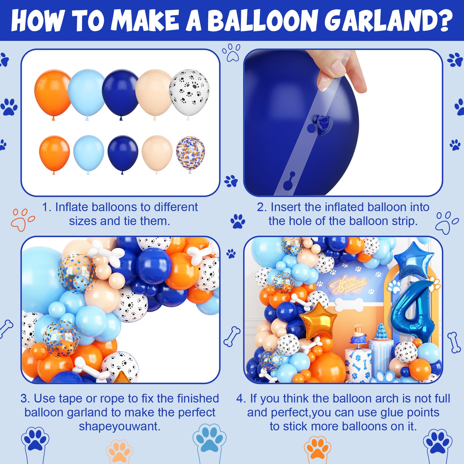 Adorely Blue and Orange Dog Paw 4th Birthday Balloon Arch Garland Kit with Number 4 Foil Balloon