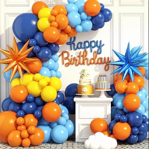 Adorely Blue and Orange Yellow Balloon Arch Kit – 100 Latex and Foil Balloons for DIY Party Decor
