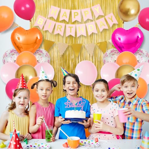 Adorely Pink Orange Birthday Decorations Kit: 32 Latex Balloons, Gold Fringe Curtain, Banner, and Cake Topper