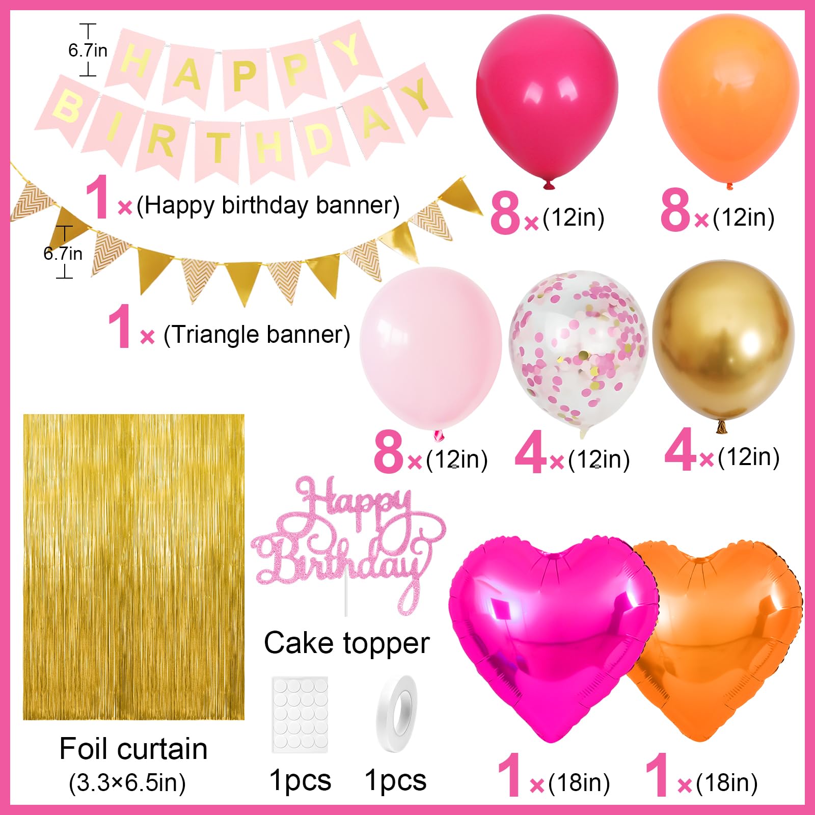 Adorely Pink Orange Birthday Decorations Kit: 32 Latex Balloons, Gold Fringe Curtain, Banner, and Cake Topper