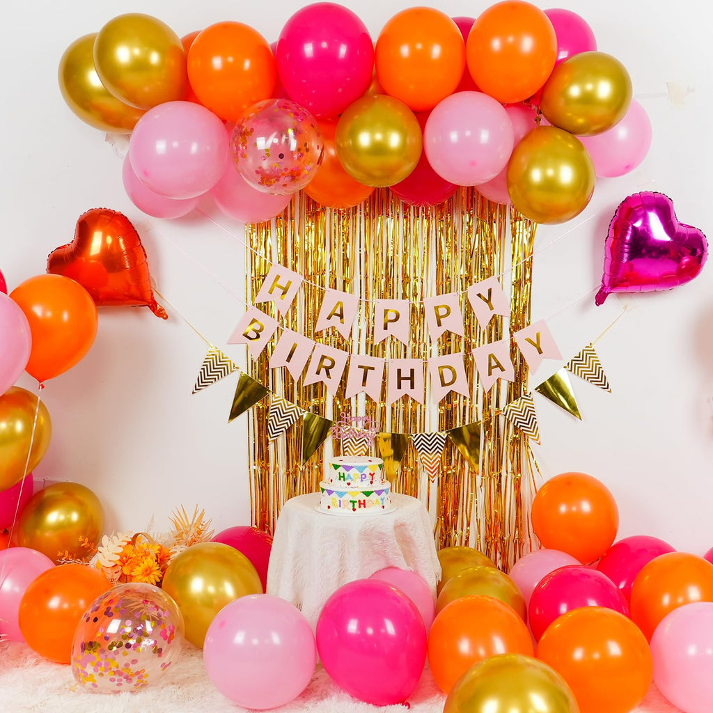 Adorely Pink Orange Birthday Decorations Kit: 32 Latex Balloons, Gold Fringe Curtain, Banner, and Cake Topper