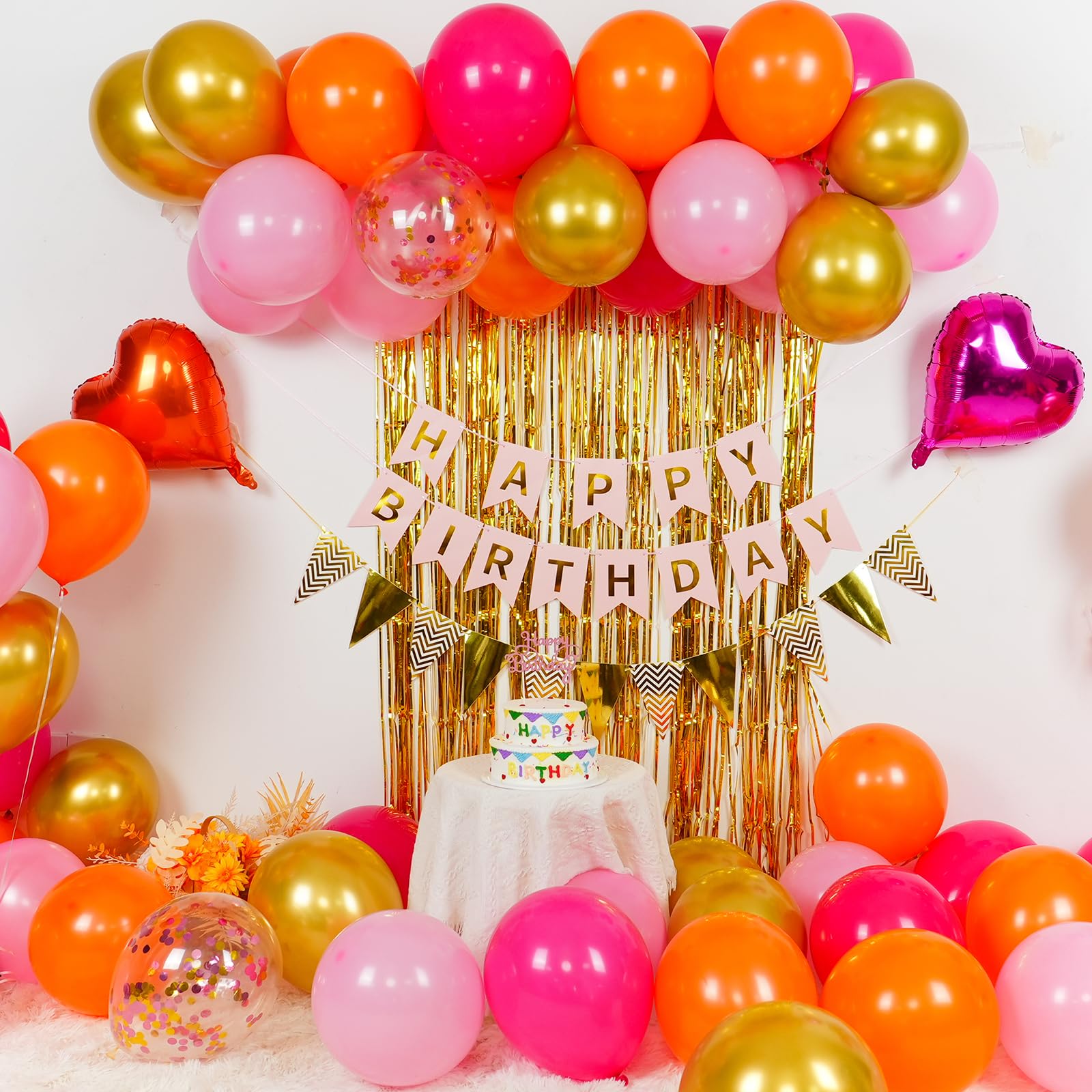 Adorely Pink Orange Birthday Decorations Kit: 32 Latex Balloons, Gold Fringe Curtain, Banner, and Cake Topper