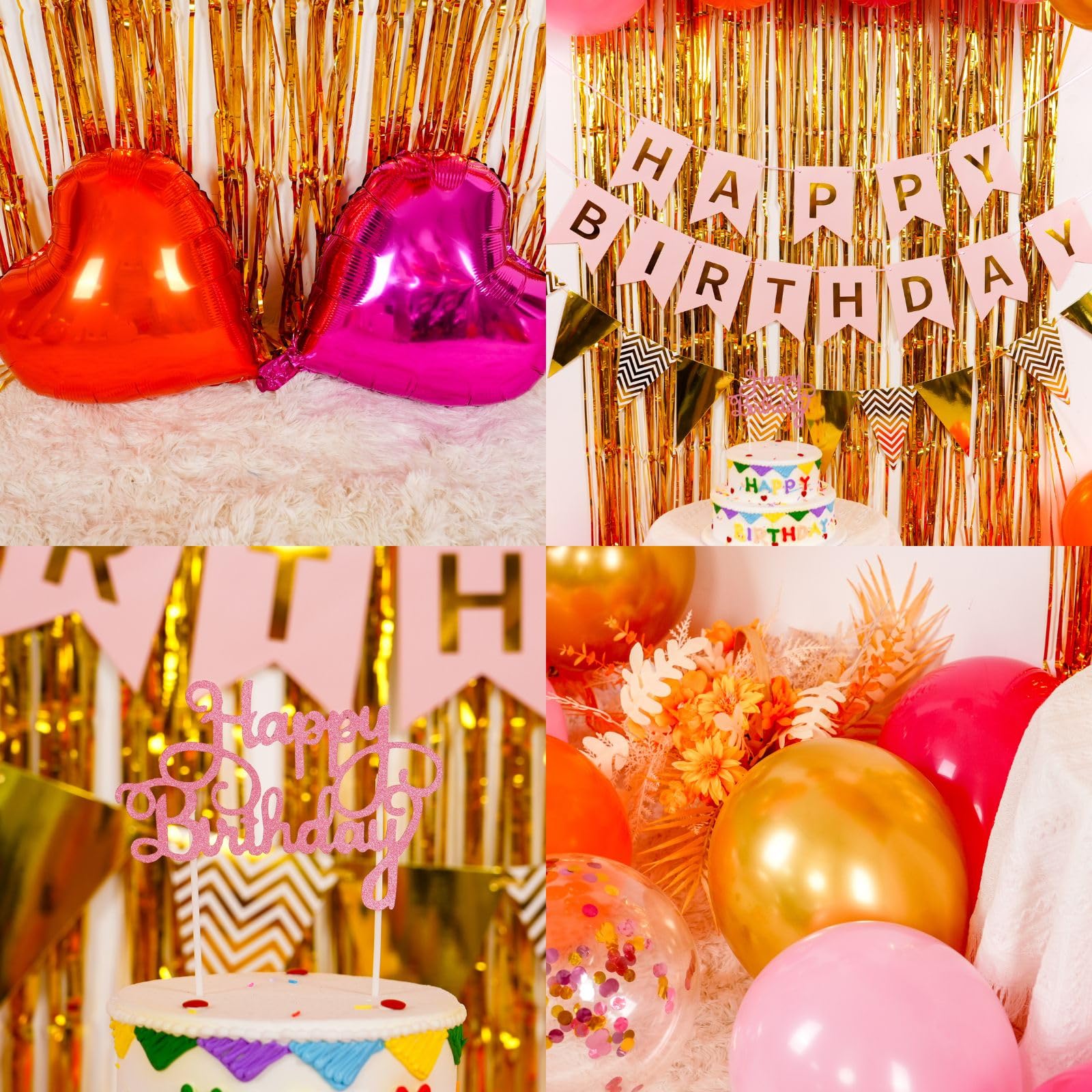 Adorely Pink Orange Birthday Decorations Kit: 32 Latex Balloons, Gold Fringe Curtain, Banner, and Cake Topper