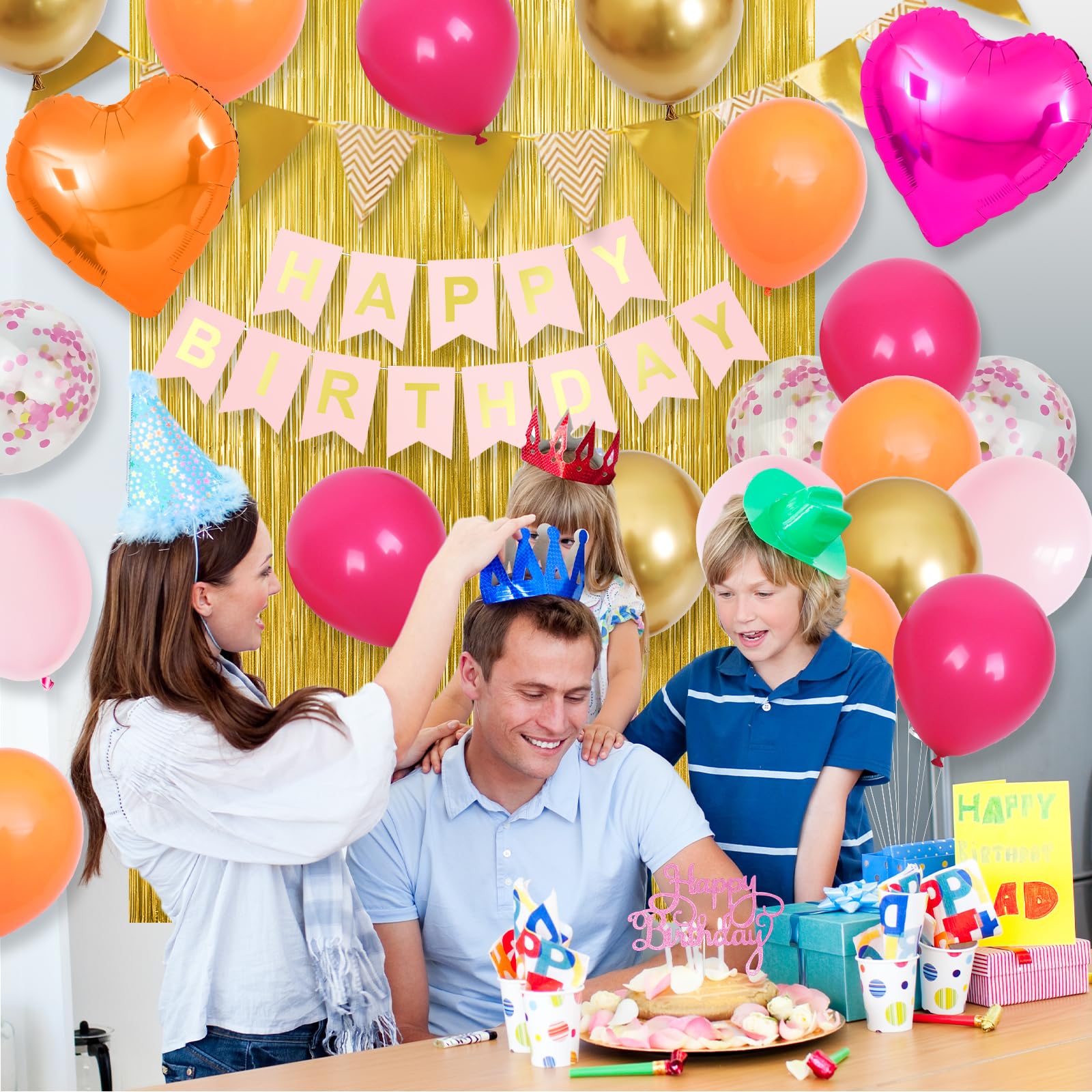 Adorely Pink Orange Birthday Decorations Kit: 32 Latex Balloons, Gold Fringe Curtain, Banner, and Cake Topper