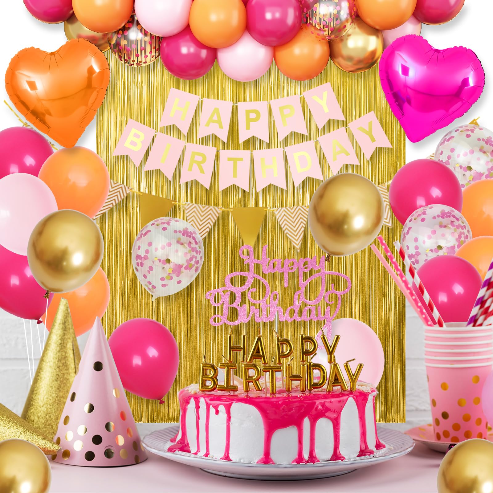 Adorely Pink Orange Birthday Decorations Kit: 32 Latex Balloons, Gold Fringe Curtain, Banner, and Cake Topper