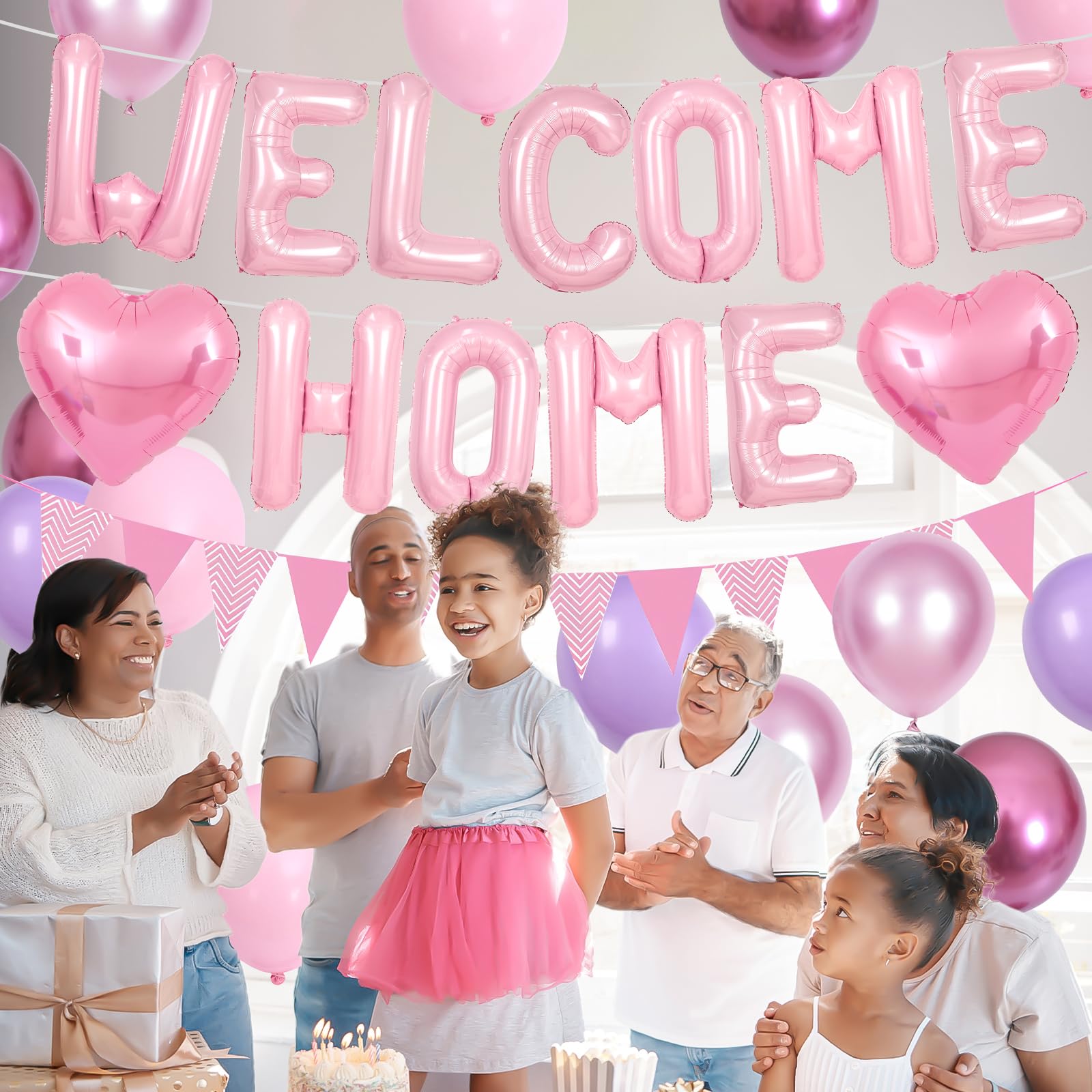 Adorely Pink Welcome Home Balloon Set with Foil Banner, Heart Balloons & Pennant Flags for Baby Shower & Housewarming