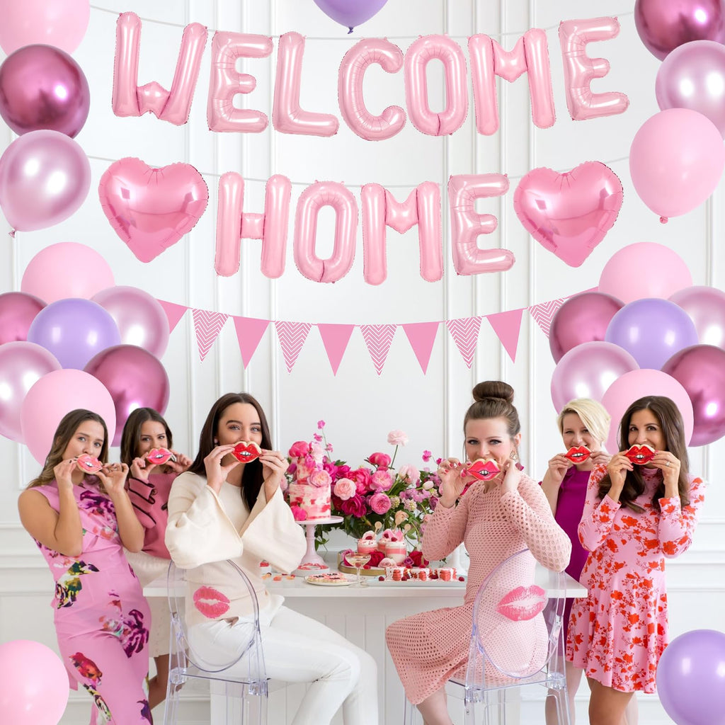 Adorely Pink Welcome Home Balloon Set with Foil Banner, Heart Balloons & Pennant Flags for Baby Shower & Housewarming