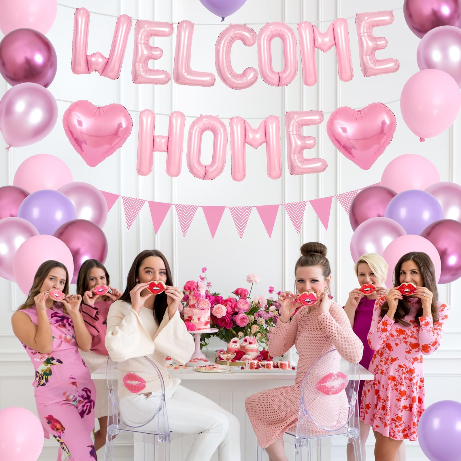 Adorely Pink Welcome Home Balloon Set with Foil Banner, Heart Balloons & Pennant Flags for Baby Shower & Housewarming