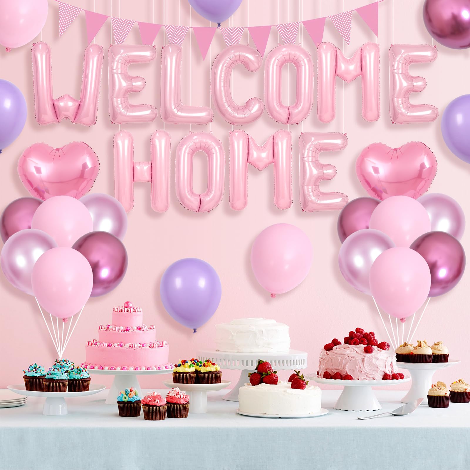 Adorely Pink Welcome Home Balloon Set with Foil Banner, Heart Balloons & Pennant Flags for Baby Shower & Housewarming
