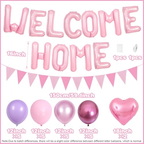 Adorely Pink Welcome Home Balloon Set with Foil Banner, Heart Balloons & Pennant Flags for Baby Shower & Housewarming